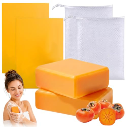 2 Packungen Kaki Seife mit 2 Reinigungsnetz, natürliche Kaki Seife für ältere Menschen, milde Reinigung für reife Haut,for Men and Women