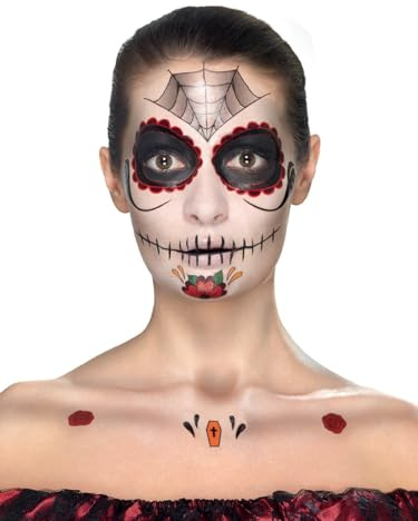 Smiffys Tag der Toten Gesicht Klebetattoos Set, Aqua,Rotund Schwarz, Schminke,und Applikatoren Halloween