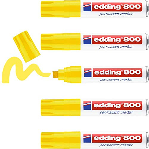 edding 800 Permanentmarker - gelb - 5 Stifte - Keil-Spitze 4-12 mm - für breite Markierungen - wasserfest, schnell-trocknend, wischfest - für Karton, Kunststoff, Holz, Metall, Glas