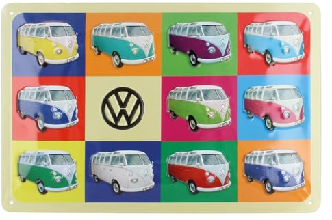 BRISA VW Collection - T1 Bulli Bus Blechschild Vintage Dekoration | Volkswagen Retro Metallschild Wandschild Garage Werkstatt Hobbykeller, Multicolor/Bunt