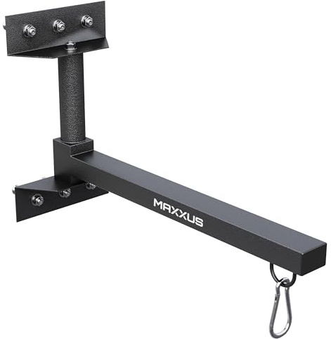 Maxxus® Boxsackhalter bis 75 kg, klappbar, mit 6-Punkt-Befestigung | Robuste Wandhalterung aus Stahl mit Karabiner und Montagematerial für Betonwände, platzsparend einklappbar