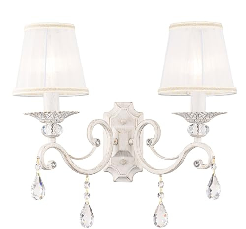 Maytoni Wandleuchte Grace 2xE14 – Vintage Wandlampe mit Kristallen & Organza- Lampenschirm in Weiß/Gold – Wandbeleuchtung für Wohnzimmer, Flur, Schlafzimmer