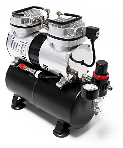 Wiltec Airbrush Kompressor AS196 mit Lufttank, 2 Zylinder Kolben, max. 6 bar Druck und Abschaltautomatik, für Modellbau, Tattoos, Nailart