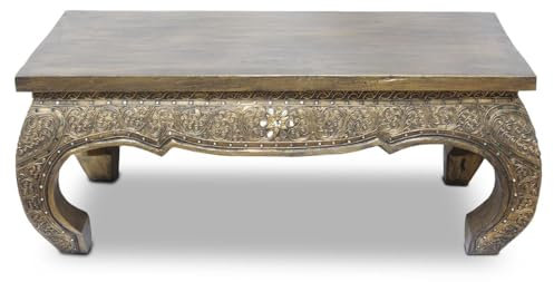 Oriental Galerie Wohnzimmertisch Couchtisch Opiumtisch Spiegelstein Verzierung Shabby Antik Look Vintage Retro Used 1m x 50cm Holz Gold Antik Asien Thailand