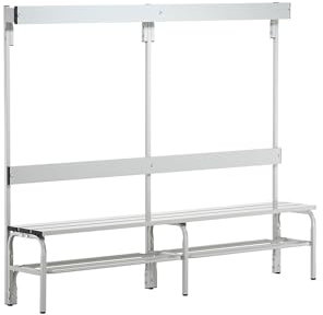 Sypro | Umkleidebank aus Edelstahl | HxT 1650 x 375 mm | Länge 1500 mm | 6 Haken | lichtgrau | Schuhrost