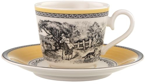 Villeroy & Boch Audun Ferme Espressotasse mit Untertasse, 2-teilig | für 1 Person, 80 ml, Kupferstich-Stil, Premium Porzellan, Weiß/Grau/Gelb
