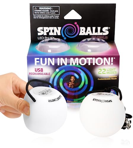 Spinballs Glow.0 LED Poi - Aufladbar mit USB, 22 Leuchtende Farb-Licht-Modi & Muster - Weicher Kern, Verstellbare Schnüre & Doppeltem Griff