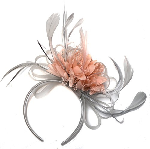 Silver grå och persika lax fascinator på pannband Alice Band UK bröllop asot races Derby