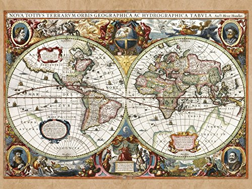 1art1 Historiska kartor – världskarta, Nova Totius Terrarum, 1630 bilder canvasbild med kilram | XXL-väggbild affisch konsttryck som canvasbild 80 x 60 cm