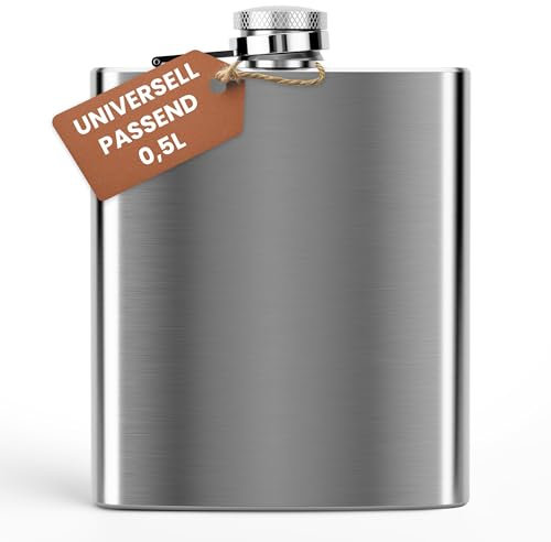 0,5 L Flachmann Trinkflasche aus Edelstahl Silber mit Schraubverschluss - Auslaufsicher mit 500 ml Fassungsvolumen 17x13x3 cm - Mehrweg Schnapsflasche Taschenflasche Halber Liter 16 oz