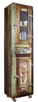 MASSIVMOEBEL24.DE | FREEZY Hochschrank aus Massivholz #11 Altholz - Mehrfarbig, lackiert Industrial-Stil 55x38x190 cm Wohnzimmerschrank Holzschrank mit Glastür