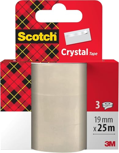 Scotch Crystal Tape, Refill Pack, 19 mm x25 m, 3 Rolls - Provides a Strong and Permanent Bond