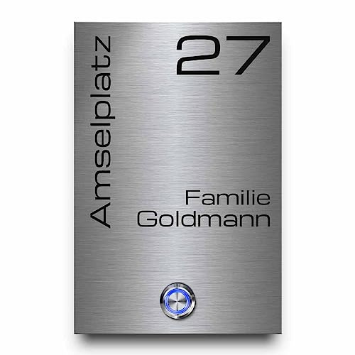 CHRISCK design - Edelstahl Türklingel mit Wunsch-Gravur, Led-Beleuchtung und Motiven - 12x18 cm | personalisierte Klingelplatte - Modell: Goldmann