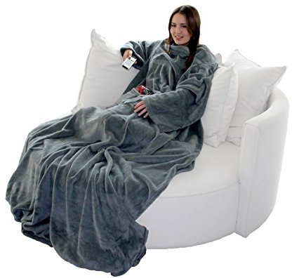 Brandsseller Flauschige TV-Decke mit Ärmeln 170x200 cm in Cashmere Feeling - Fußsack und 2 Taschen - Kuscheldecke Tagesdecke Grau