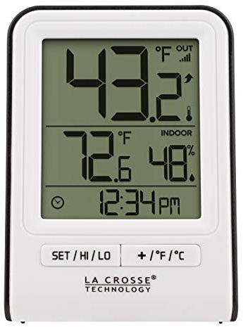 La Crosse Technology Wireless Indoor/Outdoor Temperature Monitor with Hi/Low Records, Humidity, 12/24 Hour Time - 330 Foot Transmission Range