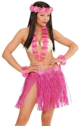 NET TOYS Hawaii Set rosa Hula Damen Kostüm Hawaiirock Blumenkette Hularock Schmuck Bastrock Halskette Kopfschmuck Bast Rock Hals Kette