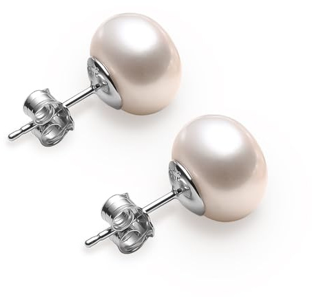 VIKI LYNN Pearl Stud Earrings for Women 10-11mm Freshwater Cultured Pearl Earrings with Sterling Silver Studs Dainty Women's Jewelry Mother's day Wedding Valentines Day Gifts for Women, Mom, Her