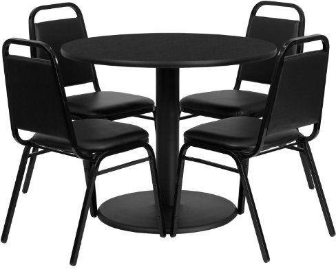 Flash Furniture Carlton 36'' Round Black Laminate Table Set with X-Base and 4 Black Trapezoidal Back Banquet Chairs
