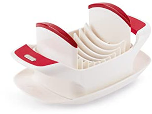 Zyliss E46420 Tomato Slicer | Plastic/Stainless Steel | White/Red | 8 Sharp Stainless Steel Blades/Integrated Dish/Slices Tomatoes/Vegetables/Fruit | Dishwasher Safe | 5 Year Guarantee