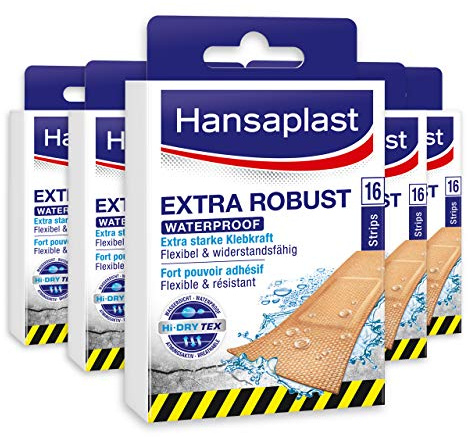 Hansaplast Extra Robust Waterproof Widerstandsfähiges Textil Pflaster, Wundpflaster mit extra starker Klebkraft, flexible und atmungsaktive Heftpflaster, 5 x 16 Strips