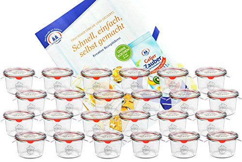 MamboCat 24er Set Weckgläser 80 ml Sturzglas mit Deckel Einkochring Klammern I Original Weck Sturzgläser I Einweckgläser für Kuchen Gelees UVM I inkl. Diamant-Zucker Gelierzauber Rezeptheft