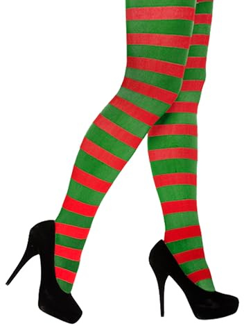 HENBRANDT Femmes Adultes Rouge Et Vert Rayé Déguisements Collants Opaques Taille Haute Extensibles Elastiques 60 Denier