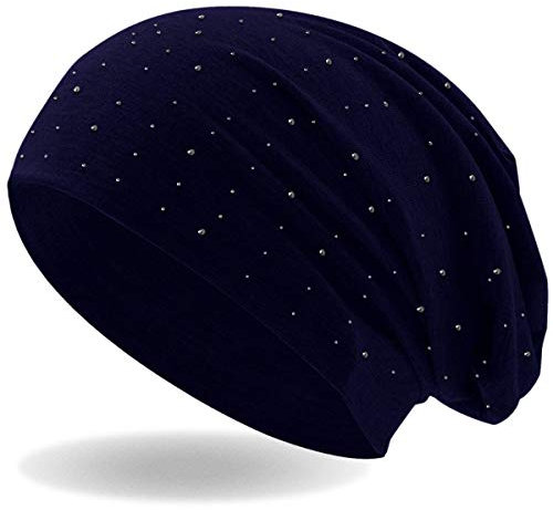 Hatstar Damen Beanie Mütze | mit edler Strass Nieten Applikation | Mädchen Mütze | elastisches Slouch Long Beanie | leicht und weich (Navy)