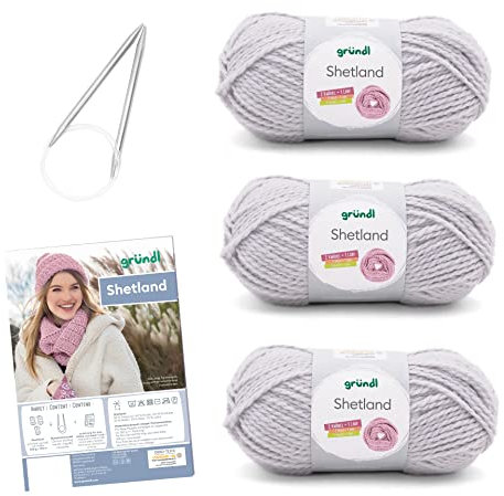 Gründl Strickset 3 x 100 g Shetland Wolle Strickgarn + Nadel 7 - 8 + Anleitung zum selber Stricken, 30 x 20 x 8 cm, hellgrau melange