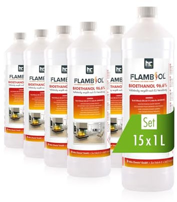 Höfer Chemie Bioethanol 96,6% Premium 15 x 1 L - Ethanol für Tischkamin, Kamin & Gartendeko für Draußen - Rauch- und Rußfrei - Aus Mais & Zuckerrüben