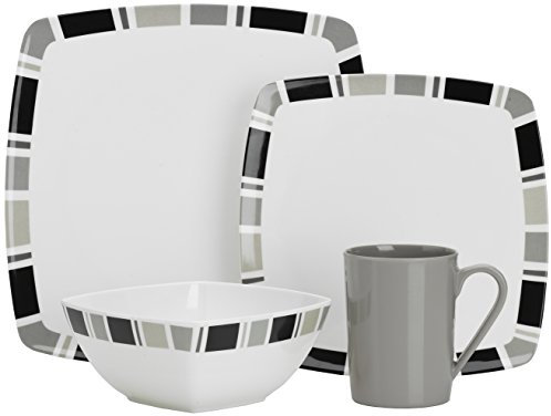 Flamefield Carre Premium – Vajilla de melamina (16 Unidades), Color Blanco y Gris