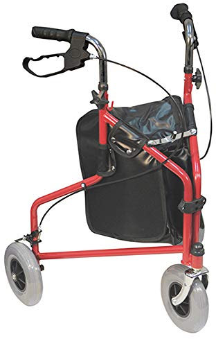 Aidapt Red Folding Light Weight 3 Wheeled Tri Walker Rollator Mobility Aid with Carry Bag and Lockable Brakes for Indoor and Outdoor use