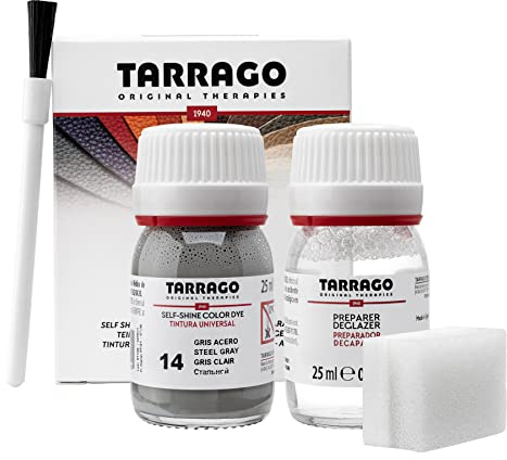 Tarrago | Kit 25 ml di colorante auto-lucido | Tintura autolucidante per scarpe, accessori e primer | Copre sfregamenti e calzature Steel Grey (14)