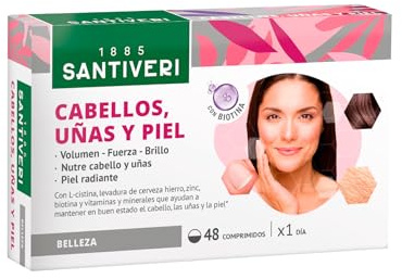 SANTIVERI - Cabellos, Uñas y Piel, Complemento Alimenticio a Base de L-Cistina, Levadura de Cerveza, Biotina y Vitaminas, que Contribuyen a Mantener el Estado del Cabello, Uñas y Piel - 48 Comprimidos