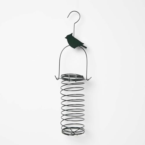 HOMESCAPES Meisenknödel-Futterspender Zaunkönig – Futtersäule mit Feder aus Metall, dunkelgrün, 33 cm – Vogel-Futterspirale zum Aufhängen, für Meisenknödel ohne Netz