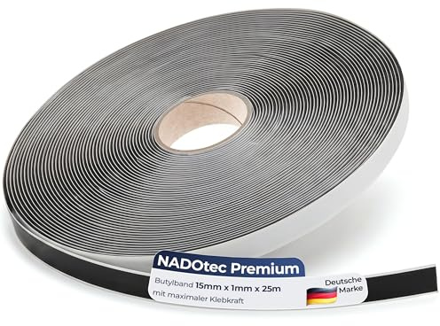 NADOtec Butylband Schwarz 15mm x 1mm x 25m - beidseitig klebend Dichtband für Auto, Fenster, Tür & Dachrinne - wasserfeste Butyl Dichtschnur für Fugen Abdichtung - Universal Dichtung - Dichtungsband