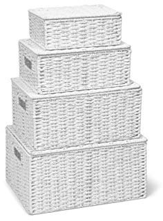 ARPAN Storage Basket Hamper (Set of 4) - Storage Bin with Lid & Insert Handle for Easy Carrying - Convenient Storage Organiser Box - Including Small, Medium, Large, Extra Large (White)