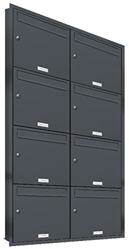 AL Briefkastensysteme, 8er Unterputzbriefkasten in Anthrazit Grau RAL 7016, Briefkastenanlage 8 Fach, Postkasten modern