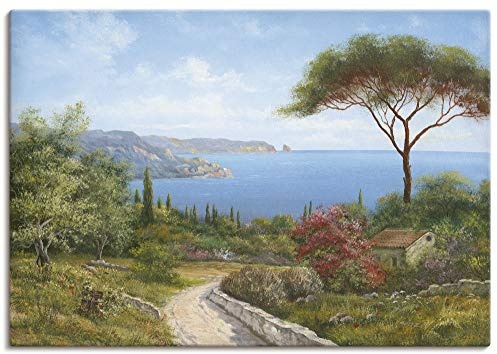 ARTLAND Wanddeko Leinwand Bilder Wandbild Landschaft Toskana Meer Küste Natur Wald Baum Himmel Malerei T4DL