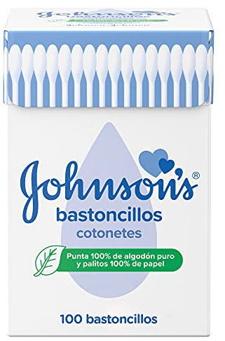 Johnson's Baby bastoncillos para bebés, niños y adultos (1 caja x 100 unidades), bastoncillos para los oídos con puntas 100% de algodón puro y palitos 100% de papel