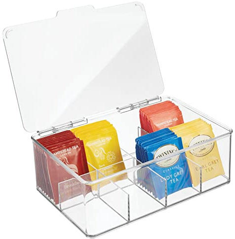 mDesign Tea Bag Single Serve Pouch Divided Box Holder Organizer, Clear