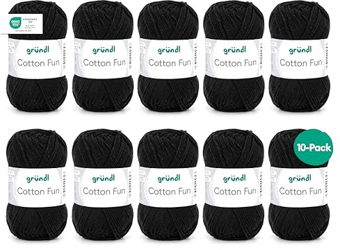 Filato per maglia/uncinetto Gründl Cotton Fun (lana per maglieria, set per uncinetto, morbido filato 100% cotone, certificato OEKO-TEX, 50 g/115 m, ferri: 3-4, 10 gomitoli da 50 g), Nero