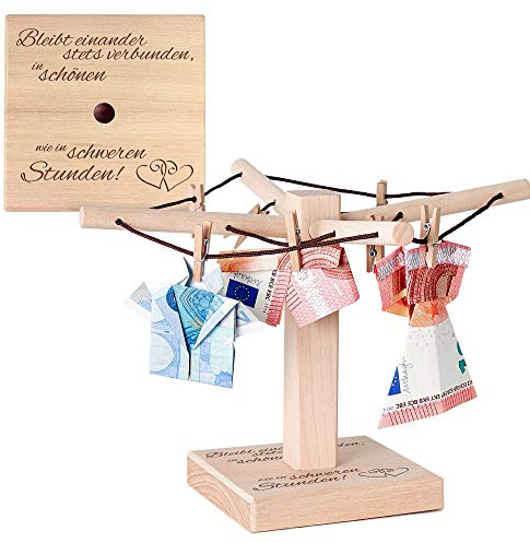 Casa Vivente Wäschespinne aus Holz mit Gravur zur Hochzeit, Motiv Herzen, Verpackung für Geldgeschenke, ca. 20 x 12 cm