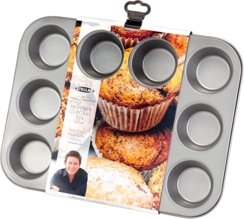 Stellar James Martin Non-Stick Cupcake/Muffin Tin with 12 Cups, High Grade Steel, Dishwasher Safe, 35cm x 27cm x 3cm