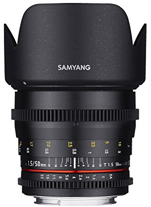 Samyang F1311109101 - Objetivo para vídeo VDSLR para Micro Cuatro Tercios (Distancia Focal Fija 50mm, Apertura T1.5-22 AS UMC, diámetro Filtro: 77mm), Negro
