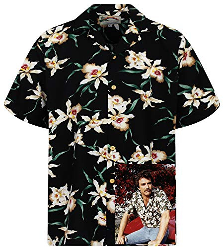 Paradise Found Original Hawaii-skjorta för män, kortärmad, frontväska, Hawaii-tryck, magnum Tom Selleck olika mönster, svart, M