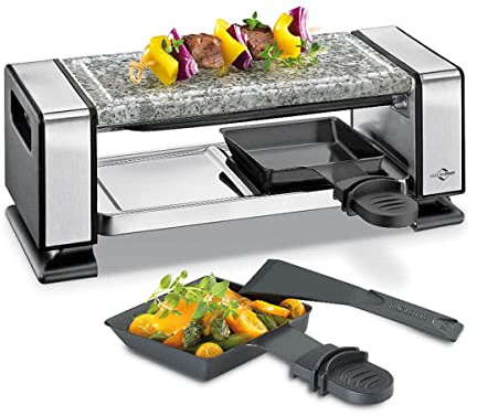 Küchenprofi Raclette VISTA2 | Acier inoxydable | Avec plaque en pierre en marbre, 2 poêlons à raclette antiadhésifs et 2 spatules | Raclette pour 2 personnes