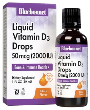 Bluebonnet Vitamin D3 2000IU 50mcg Strong Bones & Immune Support Supplement - Liquid Vitamins for Women & Men - Lanolin Vit D Drops with MCT Oil - Non-GMO, Vegetarian - Citrus Flavor - 1 Fl Oz