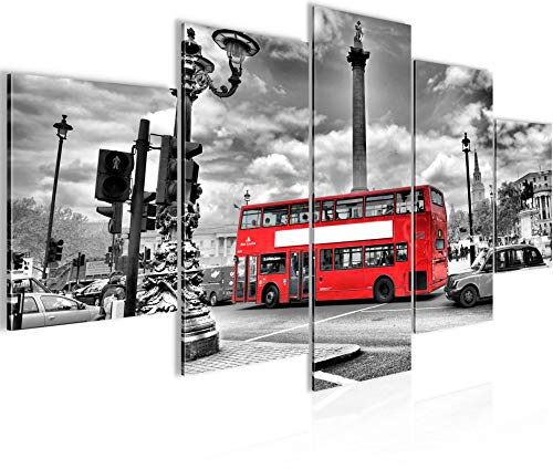 Runa Art Wandbilder London Bus 5 Teilig Bild auf Vlies Leinwand Deko Wohnzimmer Schlafzimmer England Grau Rot 604752a