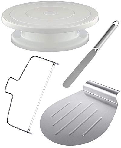4Tlg Tortenplatte Drehbar Set inkl. Tortenheber, Streichpalette und Tortenschneider | Edelstahl - Spülmaschinenfest