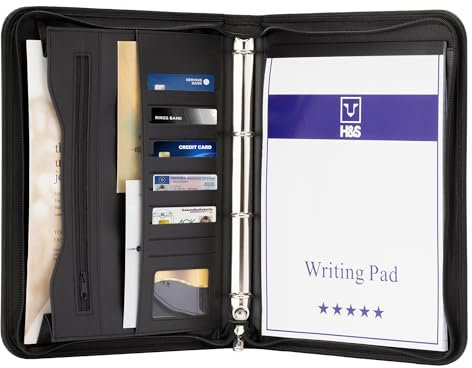 H&S A4 Schreibmappe mit Ringbuch - Konferenzmappe mit Reißverschluss & Schreibblock - Organizer Dokumentenmappe & Aktenmappe aus Kunst Leder in Schwarz mit 11 Kartenfächern